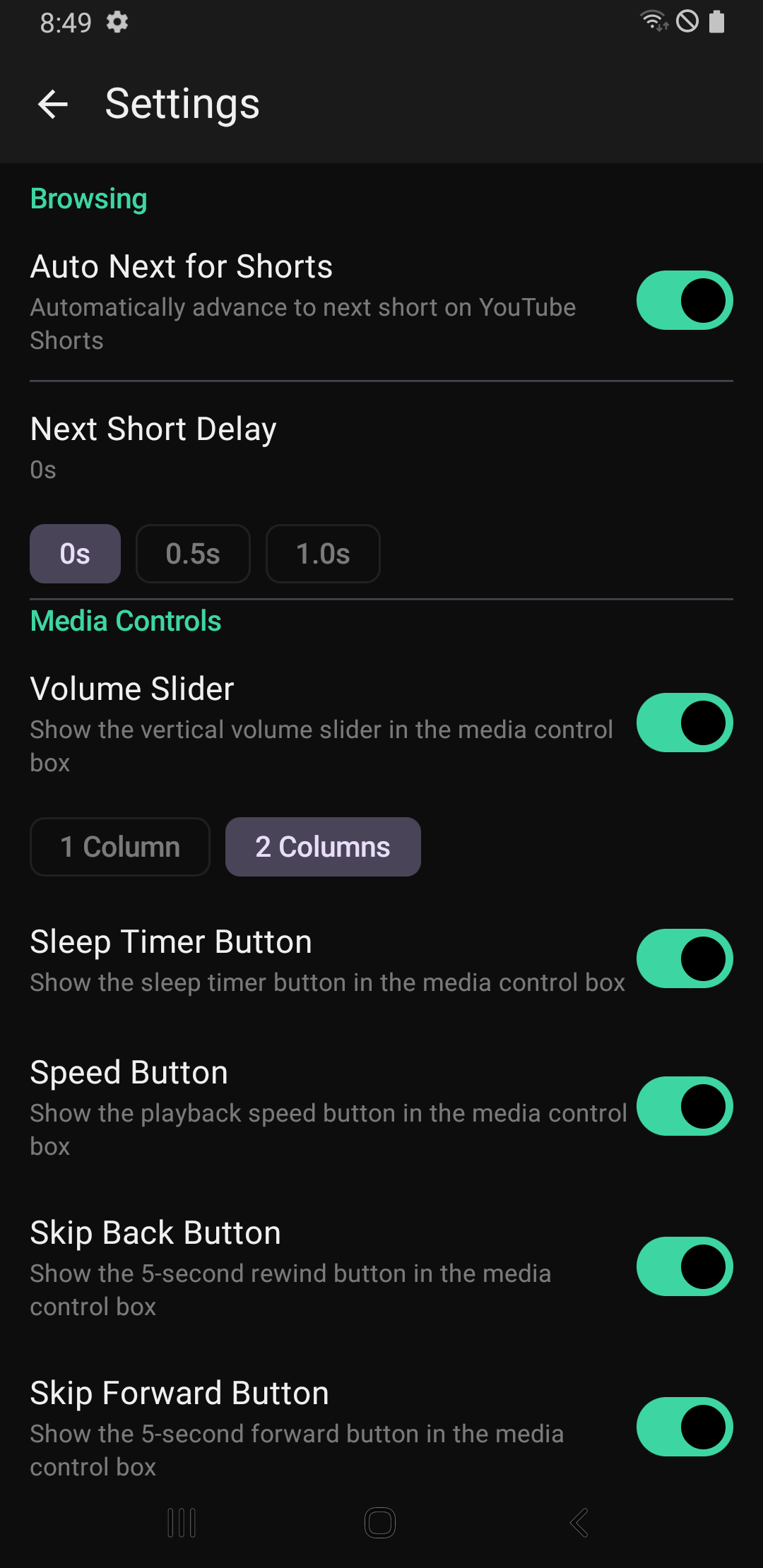 설정 화면 상단(Browsing/Media Controls 일부, 실제 캡처)